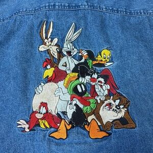 Vintage 90s Warner Bros Looney Tunes Daffy Duck Denim Shirt Adult Small Button